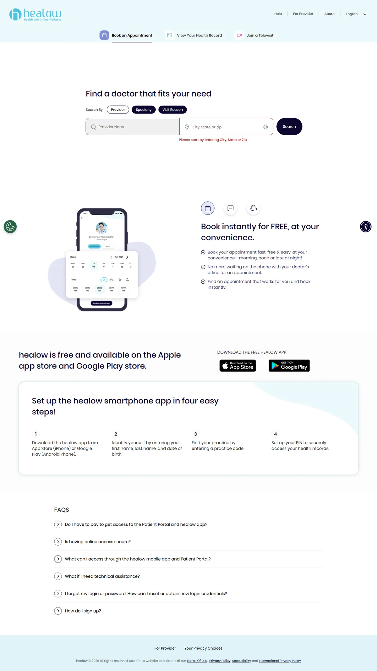 Full page of healow.com