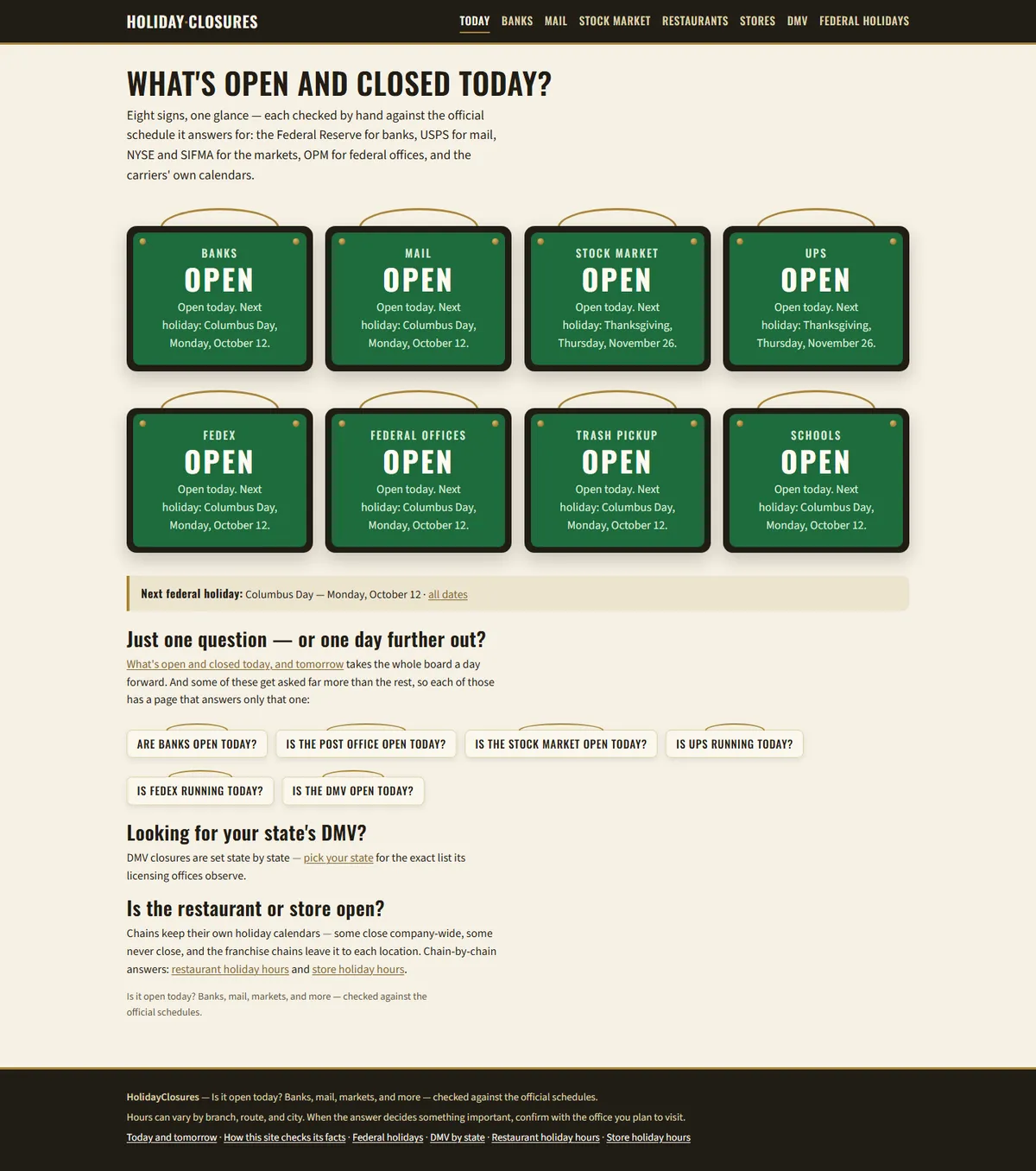 Full page of holidayclosures.com