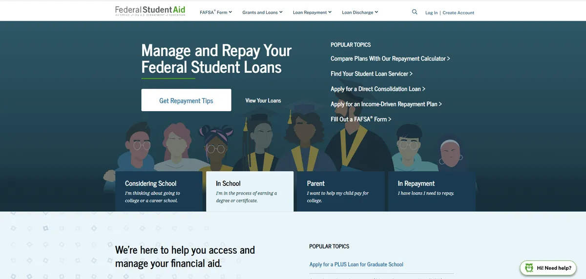 Full page of studentaid.gov
