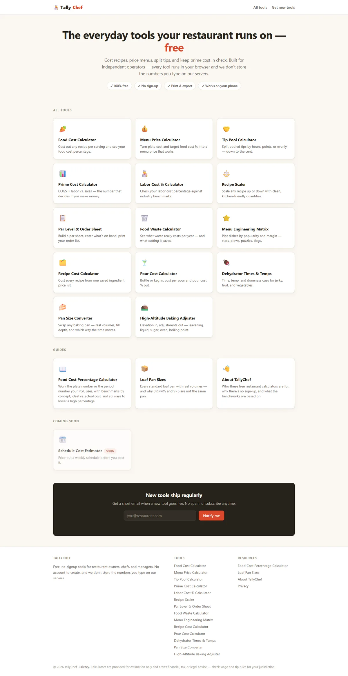 Full page of tallychef.com