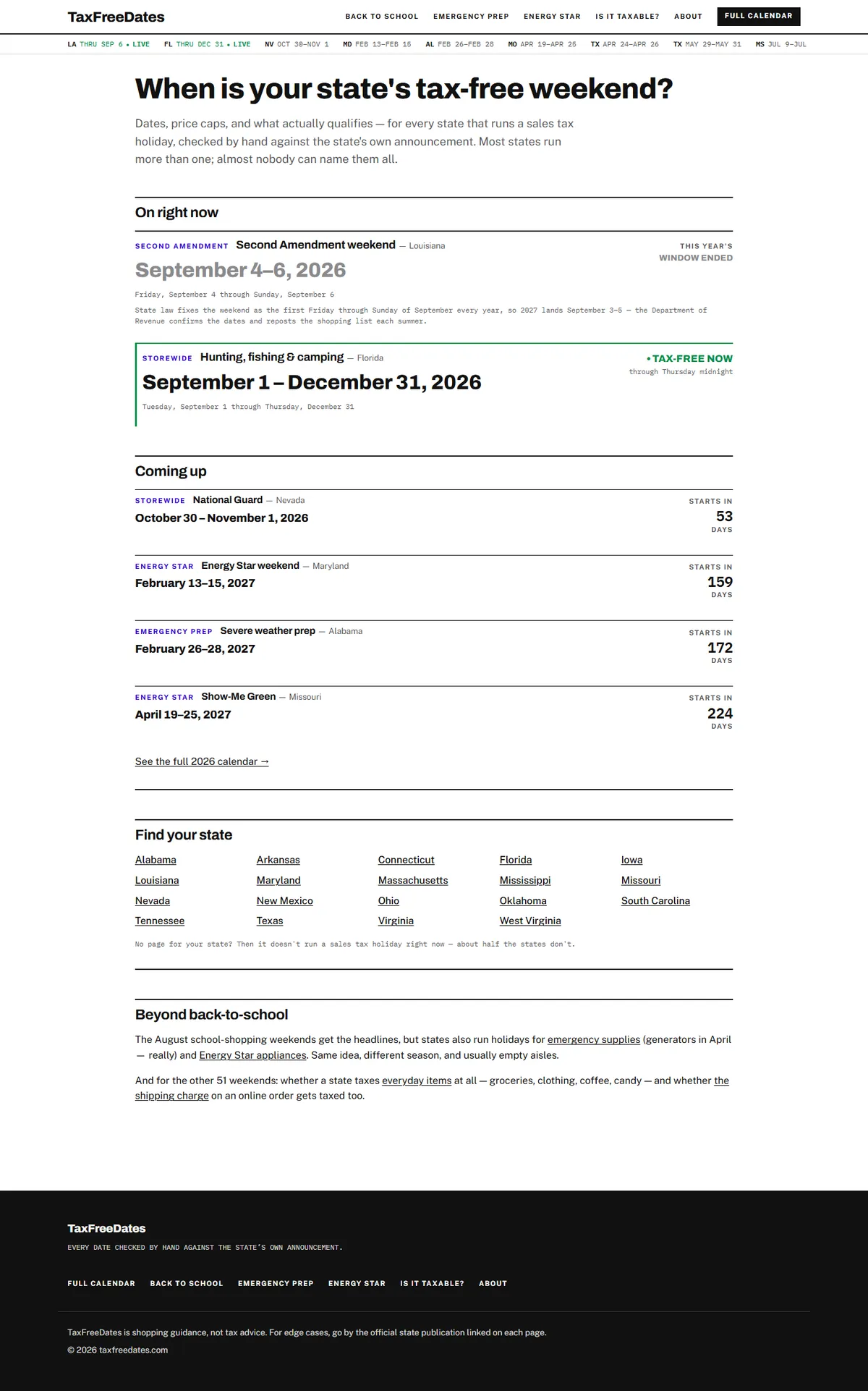 Full page of taxfreedates.com