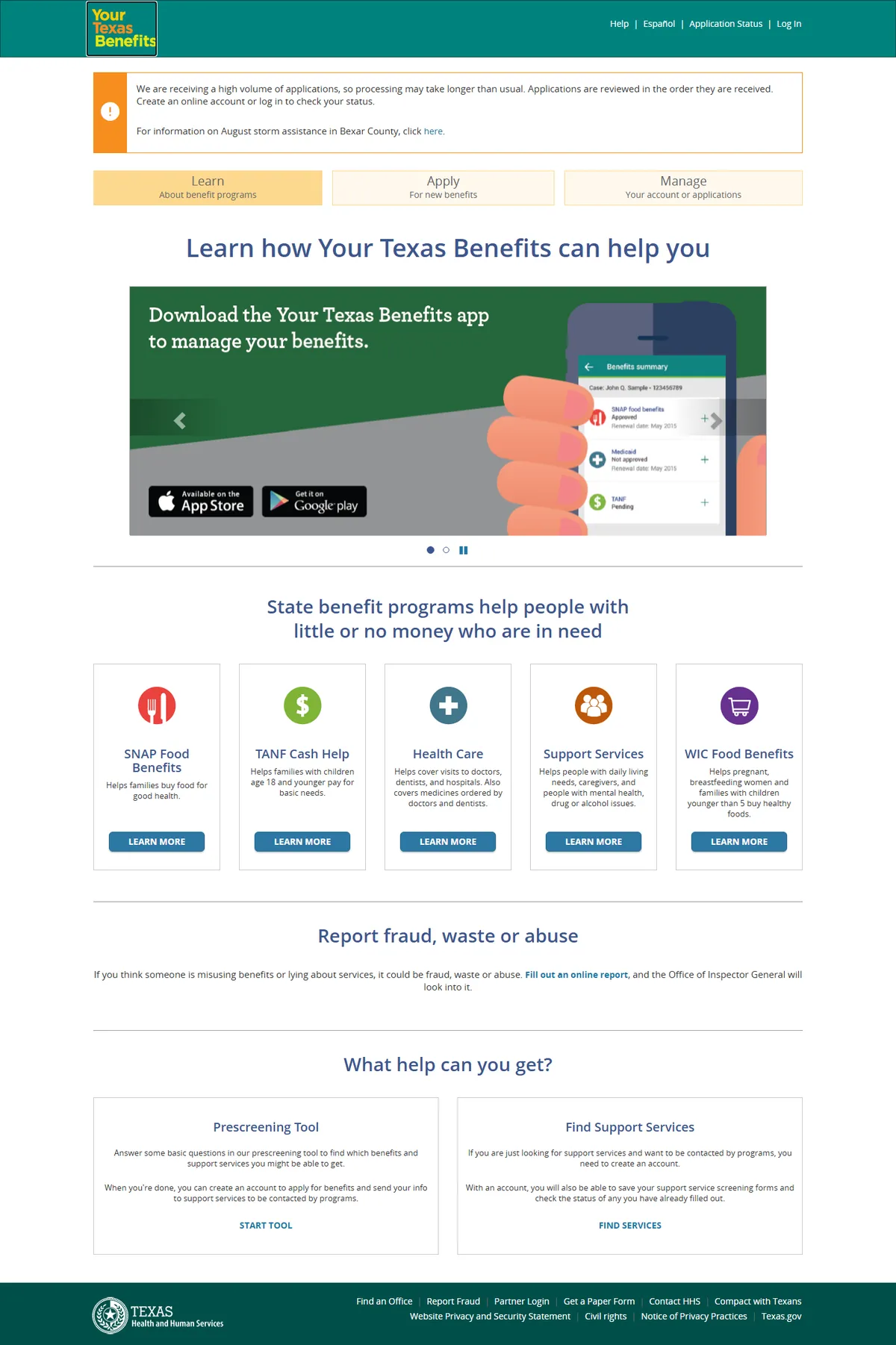Full page of yourtexasbenefits.com